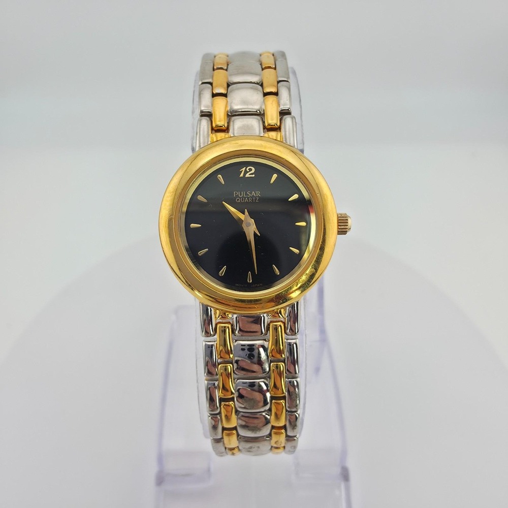 Vtg SEIKO PULSAR Ladies Watch V700-XO19 Black Dial Silver Gold Plate 7" New Batt
